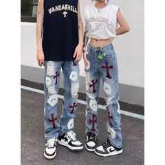Hearujoy High Street Star Patch Embroidery Ripped Jeans Men's and Women's Same Style Retro Fashion Washed Distressed Slim Pants