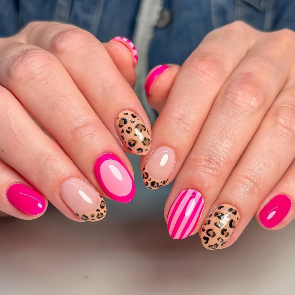 YICKYUE  -  30Pcs False Nails Almond-Shaped Polka Dot Gray-Blue French and Leopard Print Press-On Nails—Perfect As A Gift for Girls