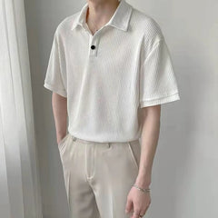 Hearujoy Summer New Waffle Short Sleeve Polo Shirt Men Lapel Casual Loose Solid Color Lapel Button Up Designer Polo T Shirt for Men