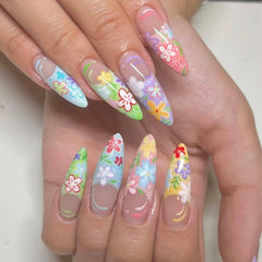 YICKYUE  -  24pcs French Graffiti Flower False Nails Almond Press On Nails Dopamine Nail Tips Women's Party Daily Long Pointed Manicure Art