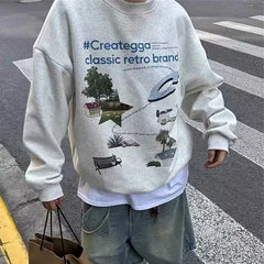 HEARUJOY  -  New in Y2K Vintage Grey Sweatshirt Men's Loose Fit Autumn Crewneck Pullover Hoodies High Street Sudaredaras Hombre