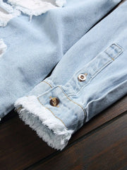 HEARUJOY  -  Men's Light Blue Ripped Distressed Washed Denim Long - Sleeve Shirt for Spring and Autumn
