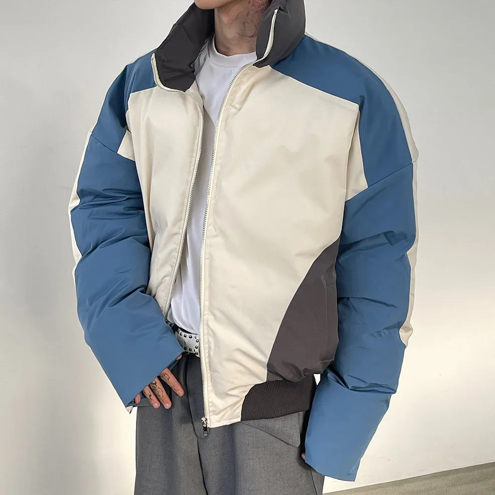 HEARUJOY  -  Retro Stand Collar Winter Jacket Men Zip Up Patchwork Cotton-padded Lightweight Parkas Spring Unisex Loose Autumn Short Outwear