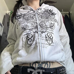 Hearujoy Vintage Wing Print Graphic Long Sleeve Hoodies Women Grunge Zip Up Hoodie Goth Streetwear Oversized Sweatshirt Harajuku Y2k Tops