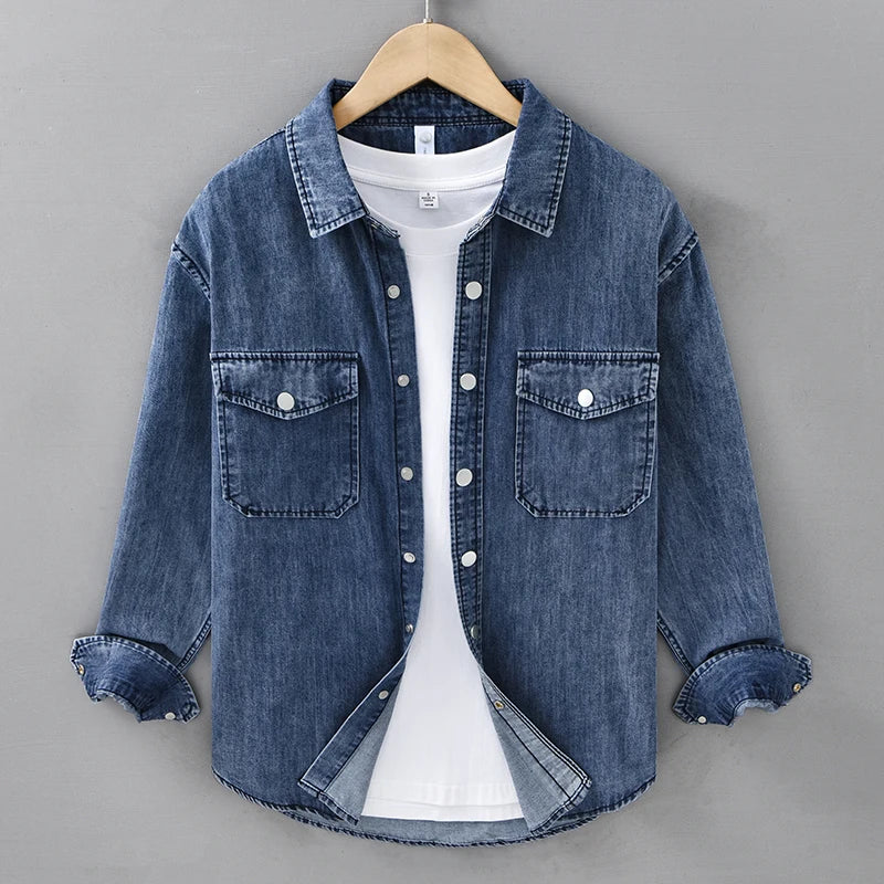 HEARUJOY  -  Men's Vintage Washed Denim Shirt Jacket 100% Cotton Chest Pocket Distressed Workwear Long Sleeve Casual Shirt for Spring Summer