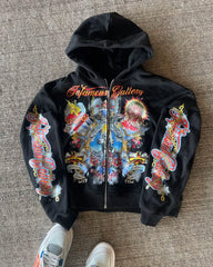Hearujoy Trend retro loose hoodie oversized print personality zipper hoodie Women punk Hip Hop Harajuku Streetwear oversized sweatshirt