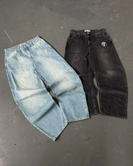 Hearujoy Y2K New PROTECT Jeans Letter Embroidery Washed Blue Baggy Jeans Men and Women Retro Harajuku Hip-Hop High Waist Wide Leg Trouser