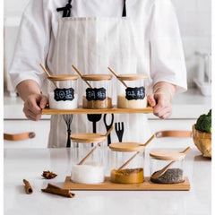 YICKYUE  -  3Pcs Condiment Jars Set Clear Glass Bamboo Lid Spice Jar with Spoon Kitchen Sugar Salt Spices Storage Box Household Container