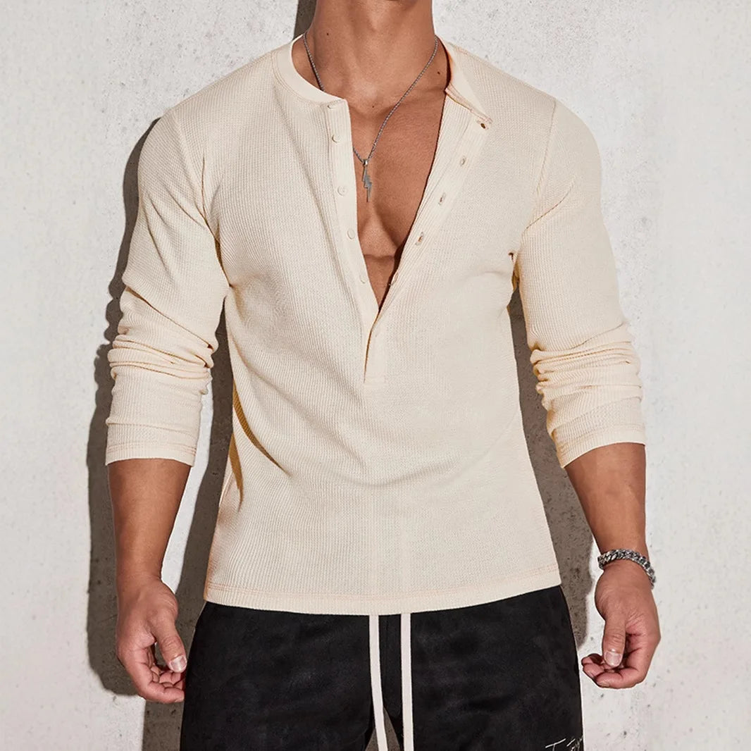 HEARUJOY  -  Men's Waffle Henley 5 Buttons Stylish Long&Short Sleeve T-Shirt Casual Slim Fit Tee