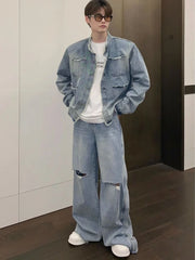 HEARUJOY  -  Autumn Denim Set Men Denim Jacket +Wide Leg Straight Jeans Casual Loose Solid Color Korean Style Street Stand Collar 2pcs Suit