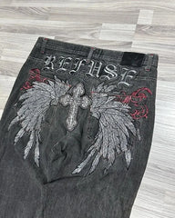 Hearujoy Hip hop personality wings cross graphic design high waisted jeans women y2k aesthetic fashion popular wide leg baggy pants 2024