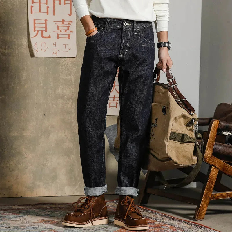 HEARUJOY  -  American Vintage Heavy weight Denim pants Men Spring Autumn Dark Straight Jeans Amekaji Trousers Back Paris Buckle Cargo Pants