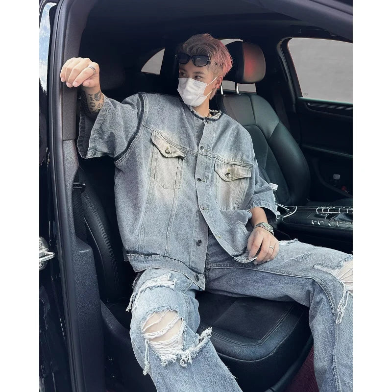 HEARUJOY  -  Short Sleeved Mens Denim Jackets Summer Fur Edge Retro Trend Tooling Cowboy Tops Hip Hop Multiple Pockets Shoulder Pads Shirts