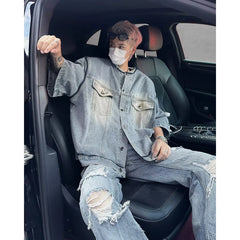 HEARUJOY  -  Short Sleeved Mens Denim Jackets Summer Fur Edge Retro Trend Tooling Cowboy Tops Hip Hop Multiple Pockets Shoulder Pads Shirts