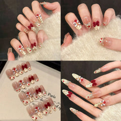 YICKYUE  -  Handmade New Year Press on Nails Shiny Gold Powder Lucky Lion False Nails Wearable Full Cover French Cat Eye Fake Nail Tips