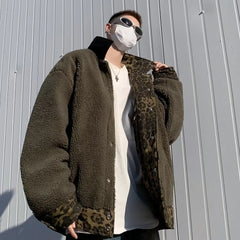 Hearujoy Leopard Padded Jacket Men Winter Trendy Double-sided Imitation Sherpa Coat American Animal Print Warm Parkas Hip Hop