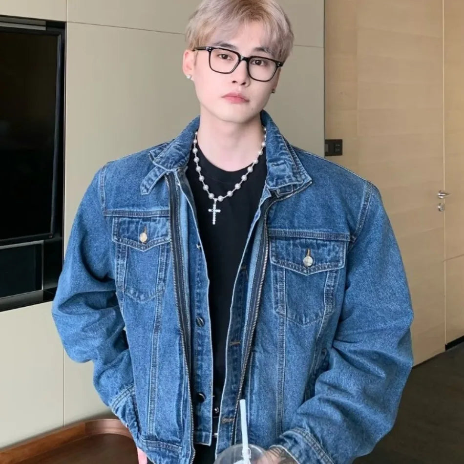 HEARUJOY  -  Blue Retro Denim Jacket Mens Spring Korean Washed Double Layered Collar Cowboy Coats Pockets Loose Hip Hop Outwear Y2K