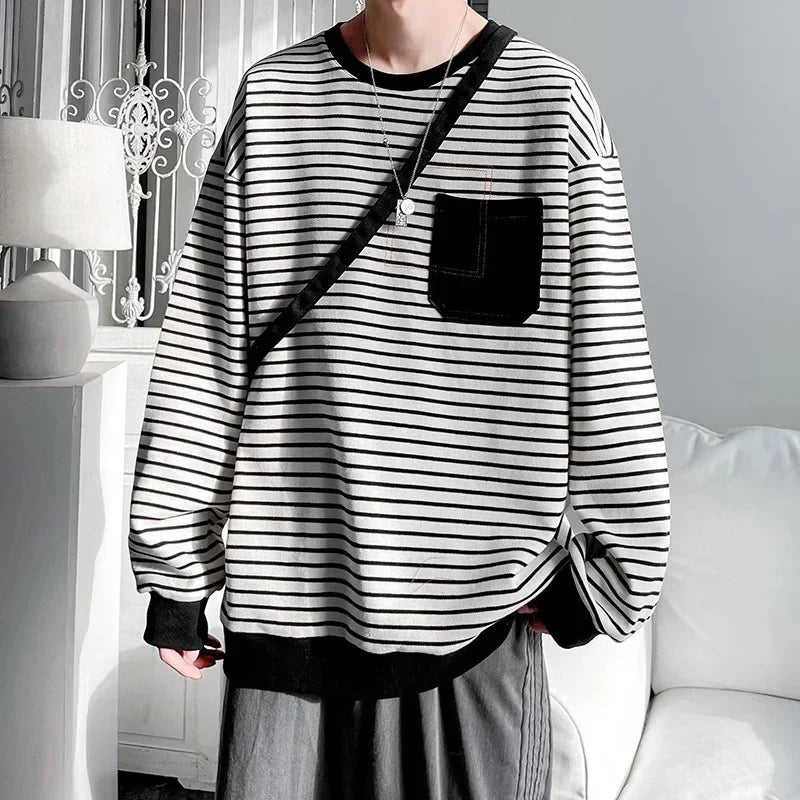 HEARUJOY  -  Loose round Neck T-Shirt Men's Casual Stripe White Fashionable Korean Style Autumn Top for Men Comfortable Sweatshirt