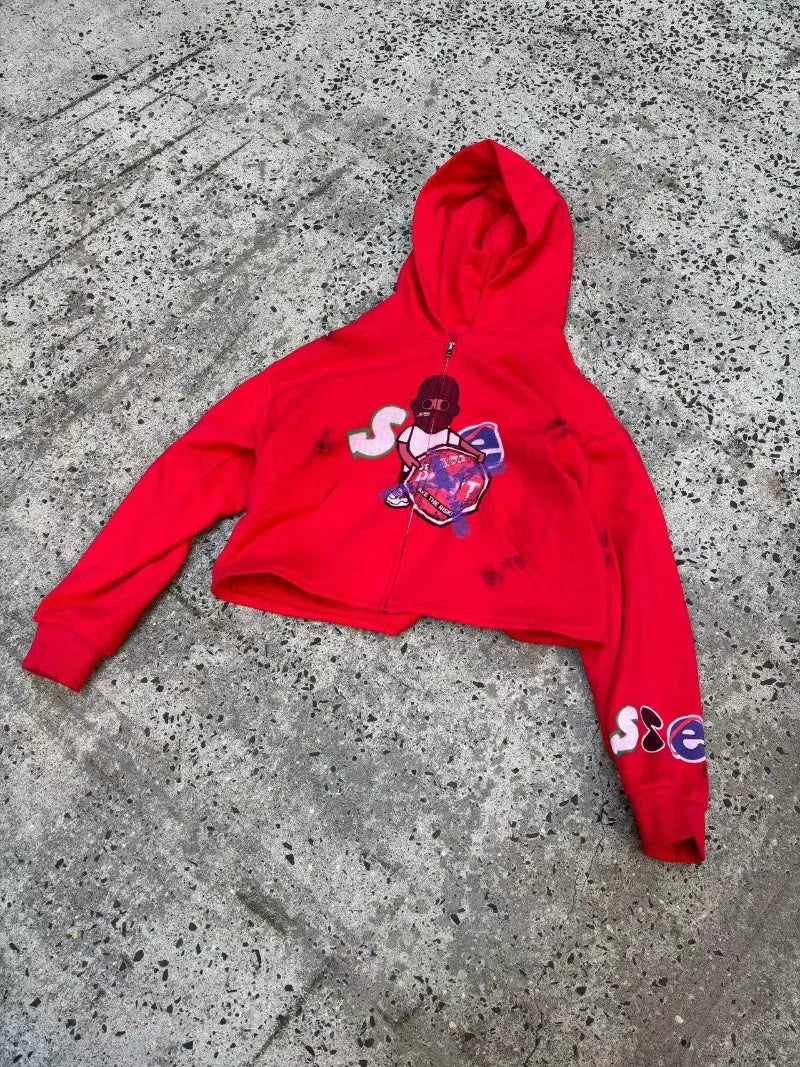 Hearujoy Women oversized sweatshirt Hip Hop High street trend anime print zipper hoodie American fashion retro style red coat jacket