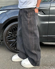 Hearujoy Harajuku Retro Simple Striped Embroidery Washed Gray Floor-Mopping Jeans Men's Street Trend Y2K Loose Straight Pants