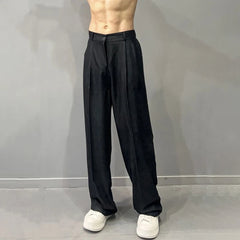 Hearujoy Mens Trendy Drapey Thin Loose Slimming Wide-Leg Pants Gender-Neutral Casual Solid Color Ice Silk Suit Straight Pants Unisex