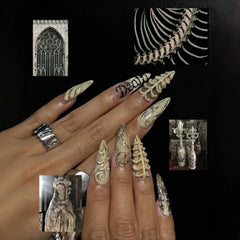 YICKYUE  -  24pcs Long Stiletto Press On Nails Skeleton Bone Texture Halloween Series False Nails French Style Party Wearable Fake Nail