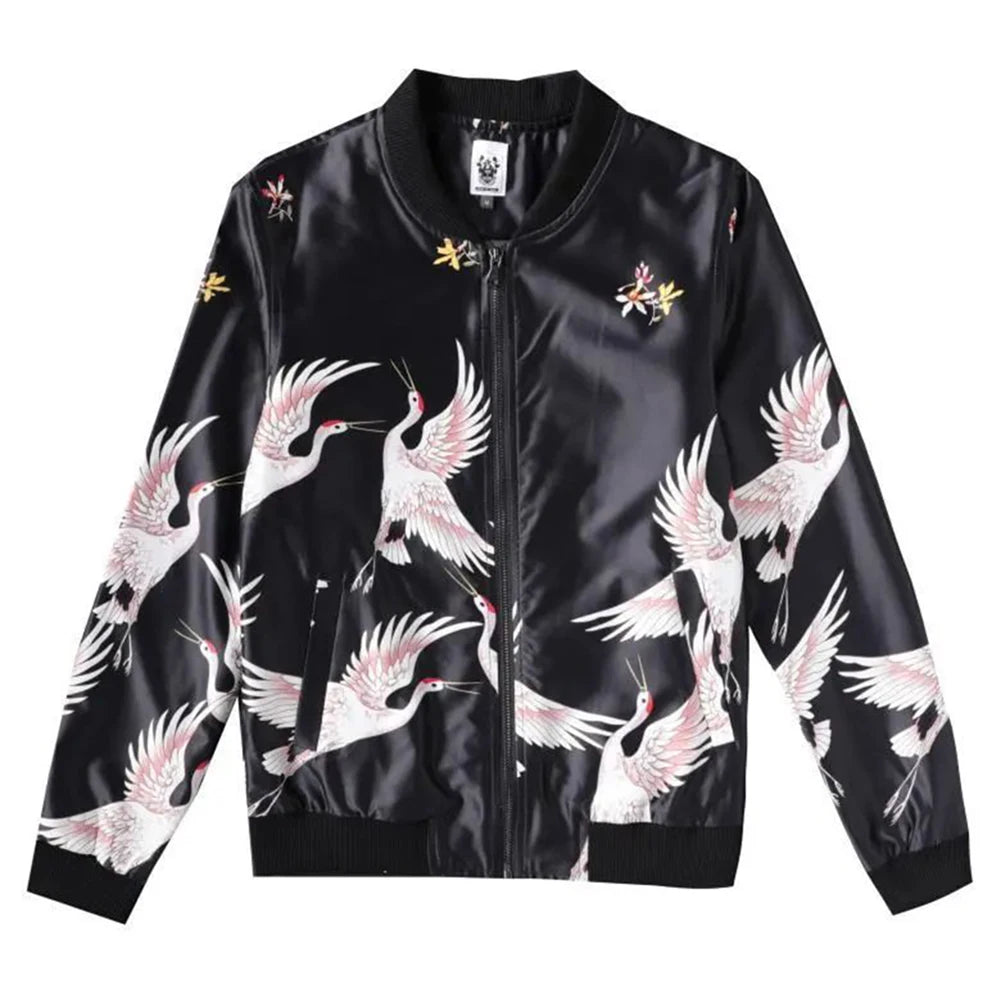 Hearujoy Y2K Chinese Style High Street Fashion Trend Crane Print Flight Jacket Mens Trendy Japanese Spring Autumn Baseball Uniform Jacket