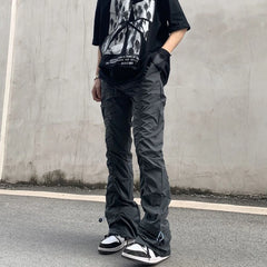 Hearujoy New Black Wrinkle Pants Man Harajuku Punk Men's Streetwear Hip Hop Fashion Clothing Casual Tactical Trousers Y2k Goth Flared