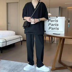 HEARUJOY  -  Korean Style Fashion Ice Silk Sports Suit Men's Large Size V-neck Short-sleeved T-shirt Trousers British Handsome Two-piece Set
