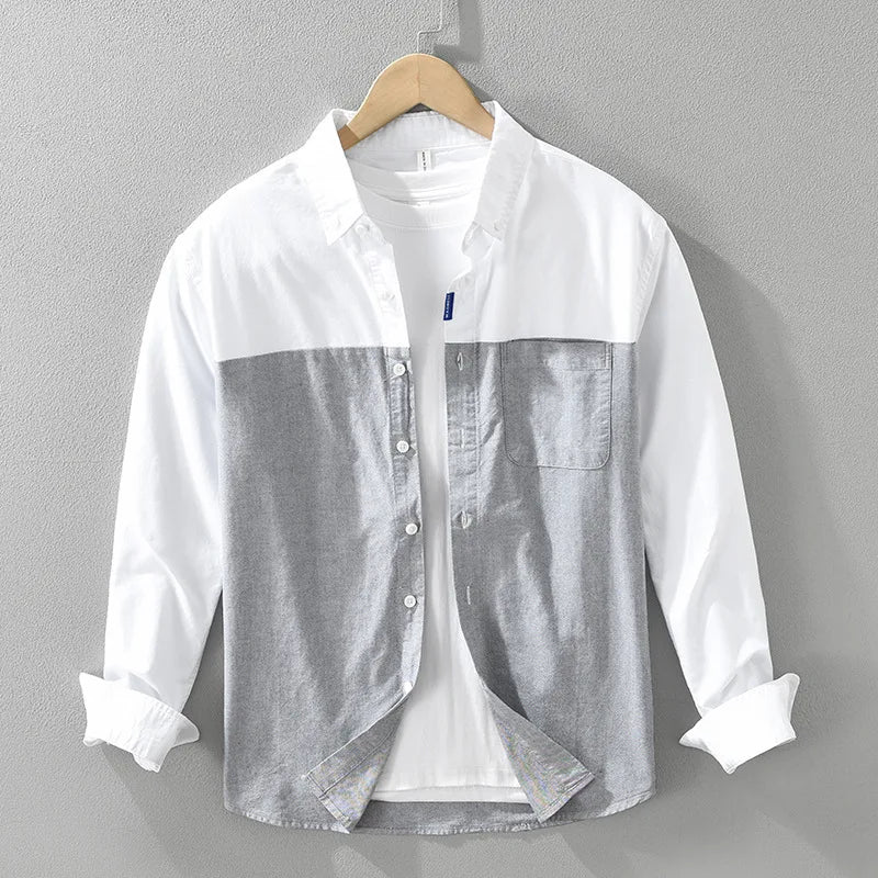 HEARUJOY  -  Men's Oxford Casual Shirt Splicing Color Cotton Button Down Collar Shirts Long Sleeve Dress Shirts With Pocket