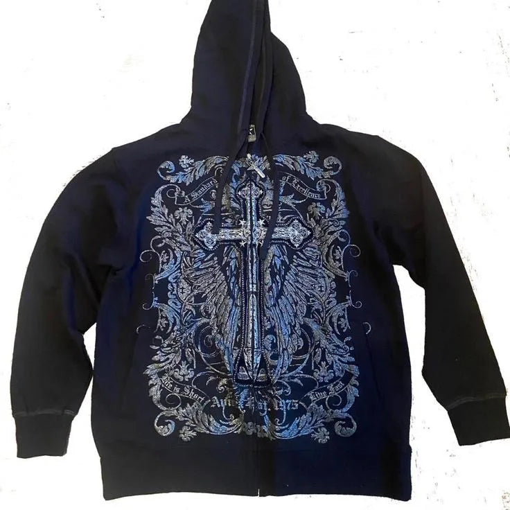 Hearujoy Punk Goth Oversized Print Hoodies Women Men Streetwear Zip Up Hoodie Y2k Long Sleeve Hooded Sweatshirt Loose Retro Coats Tops