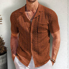HEARUJOY  -  Summer New Men's Solid Color Knitted Short-Sleeved Shirt Retro Fashion Casual Trend Simple Loose Seaside Vacation Men's Tops