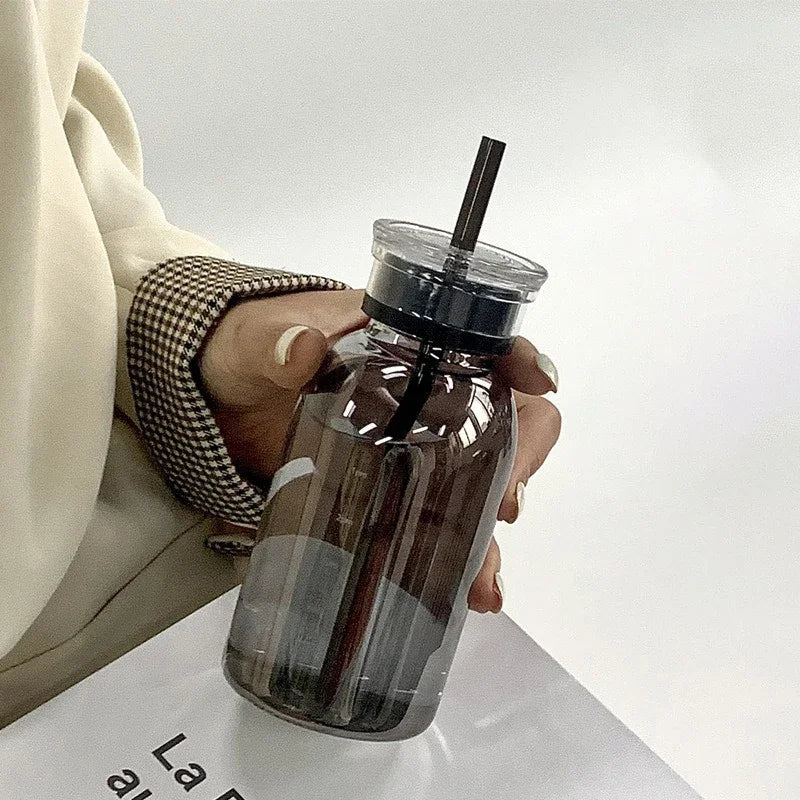 YICKYUE  -  300/500/750ml Large Glass Water Bottle with Straw 2 Lids Clear Kawaii Drinking Bottle Leakproof Iced Coffee Cup for Woman Girl