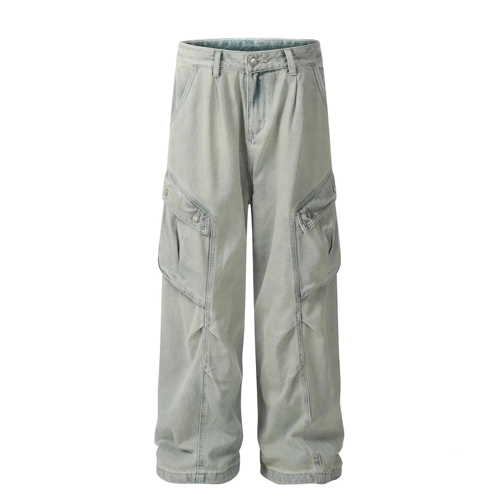 Hearujoy High Street Side Big Pockets Washed Baggy Mens and Womens Blue Jeans Pants Straight Ropa Hombre Loose Denim Trousers Oversized