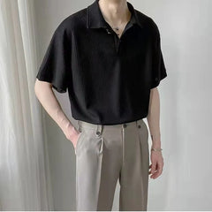 Hearujoy Summer New Waffle Short Sleeve Polo Shirt Men Lapel Casual Loose Solid Color Lapel Button Up Designer Polo T Shirt for Men