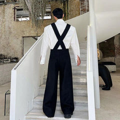 Hearujoy Mens Autumn Winter Solid Color Korean Retro Overalls Genderless Trendy Casual Versatile Wide Shoulder Wide Leg Pants For Men