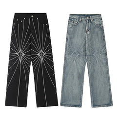 Hearujoy Radial grid embroidered denim straight striped trousers fashionable street retro casual couple fashion trend trousers