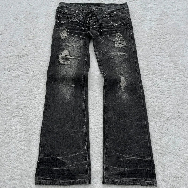 Hearujoy Y2K Washed Jeans Gothic Retro Micro Flared Double Waisted Lace Up Pants Men Women Streetwear High Quality Design Sense Trousers