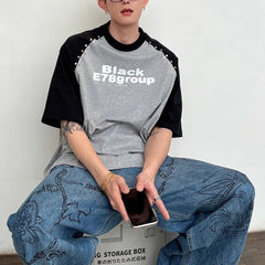 HEARUJOY  -  Korean T Shirts Men Summer Short Sleeve Rivet Splicing T-shirt Letter Print Y2k Loose Casual Color Block High-quality Tee Tops