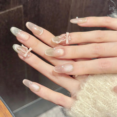 YICKYUE  -  10pcs Handmade 3D Ribbon Bow Press on Nails Gradient Pink Green Fake Nails with Pearl Decor Detachable Cat's Eye False Nails Tip