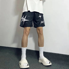 Hearujoy American Basketball Sports Shorts Men Trend Y2k Street Loose Pentagram Print Knee-length Pants Fitness Breathable Casual Pants