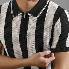 HEARUJOY  -  Men's Half-Zip Striped Knitted Short-Sleeved Polo Shirt American Retro Fashion Trend Casual Simple Loose Breathable Men's Tops