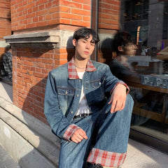 HEARUJOY  -  New Grid Retro Denim Two-piece Set Mens Lapel Color Blocking Street Cowboy Coats+Wide Leg Jeans Suits Hip Hop Trend Sets Unisex