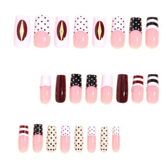 YICKYUE  -  24pcs Charming French False Nails Press On Nails Trendy Y2k Fake Nails Women's Polka Dot Stripe Gold Bead Manicure Nails Art