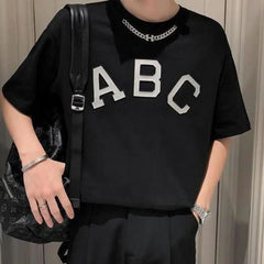 Hearujoy Oversized Essential T-Shirt for Women Tee Shirt Men Short Sleeve Flocking ABC Letter Hip Hop Top Loose Unisex Streetwear