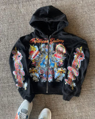 Hearujoy Trend retro loose hoodie oversized print personality zipper hoodie Women punk Hip Hop Harajuku Streetwear oversized sweatshirt