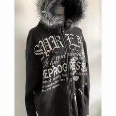 Hearujoy Gothic Retro Y2K Letter Pattern Black Plush Collar Zipper Hoodie Women's Autumn and Winter Warm 2000s Harajuku Cardigan Jacket