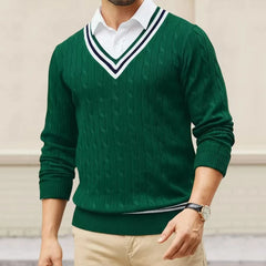 HEARUJOY  -  Men's Sweaters V-neck Pullover Knitting Tops Spring Autumn Sweaters Knitwear High Quality Jumpers Stripe Splicing Color Clothes