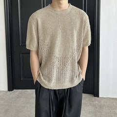 HEARUJOY  -  Men's Beige Textured Short Sleeve Knit Top Loose Fit Hollow Out Design Summer Casual Fashion Comfortable Knitwear