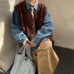 HEARUJOY  -  Spring Autumn Retro Japanese Corduroy Vest for Men Collarless Versatile Casual Jacket Trendy Layering Outerwear